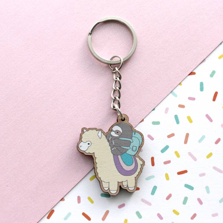 Sloth and Alpaca Adventurer Wooden Keychain (Light) for wholesale by Wild Whimsy Woolies