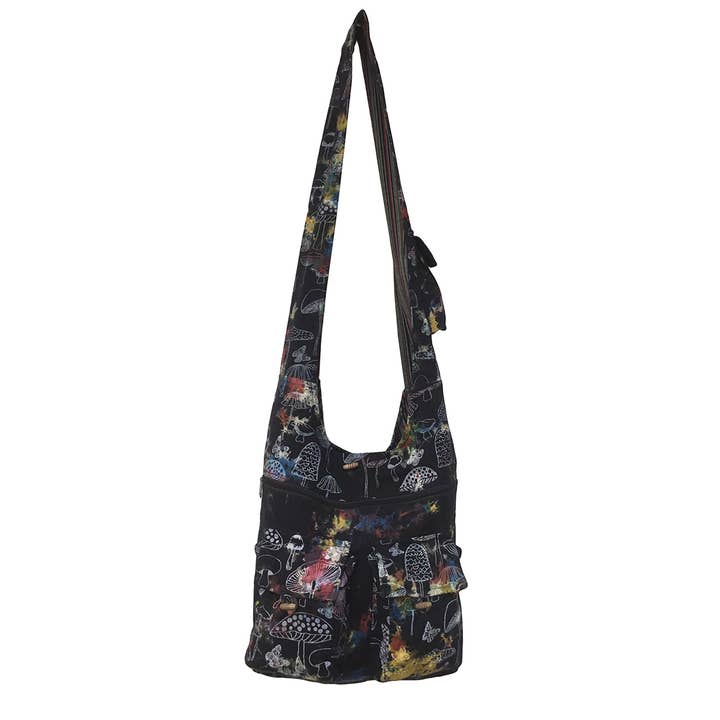 Black Hippie Tie Dye Mushroom Print Hobo Bag for wholesale on Faire