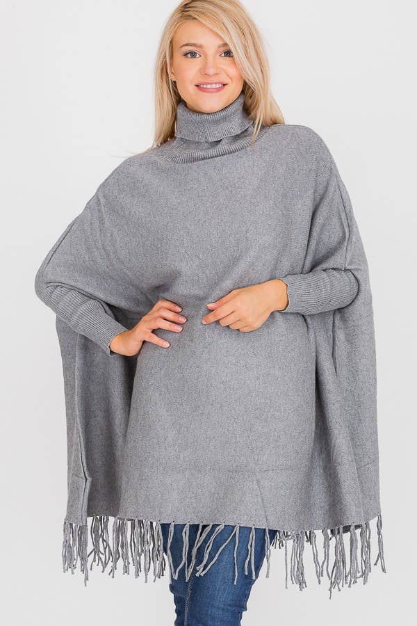Cap Zone - Wholesale Poncho - Dames - Gebreide trui in rolkraagstijl met poncho met franjes4
