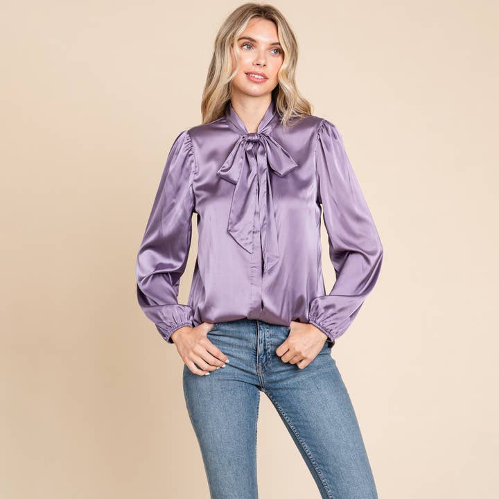ROLYPOLY - Wholesale Button Down Shirt - Women's - Tie Neck Long Sleeve Satin Blouse Shirts