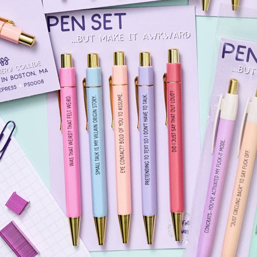 La Folie Press - Wholesale Pen - Awkward Introvert Social Anxiety Pens - Set of 5 Funny Ballpoint Pens1
