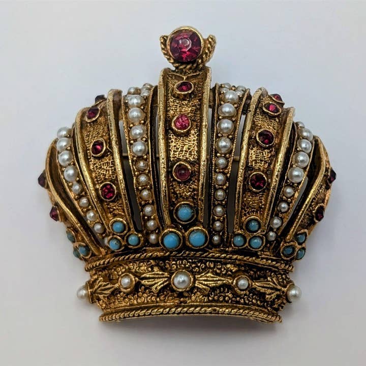 Vintage Art Crown Brooch With Faux Pearls And Stones for wholesale by Wilde Aesthetics