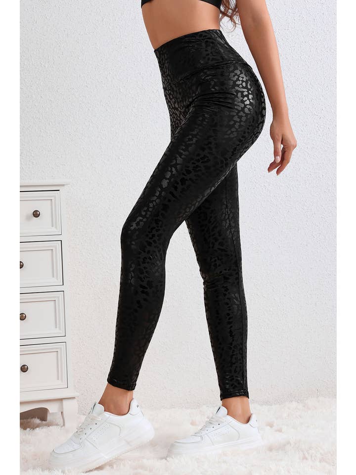 High Quality Black Shiny Leopard Textured Leggings for wholesale on Faire