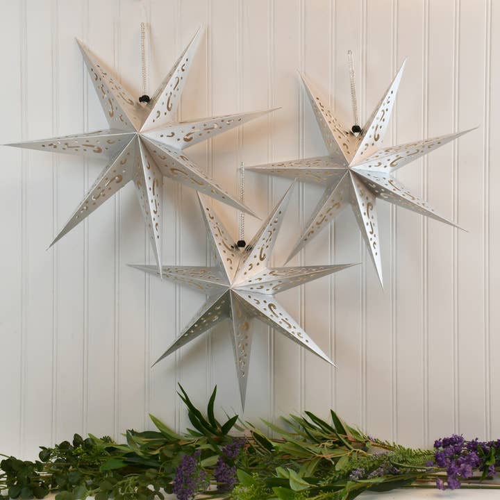 LumaBase - Wholesale Lantern - Hanging Lantern, Silver Star - Set of 3
