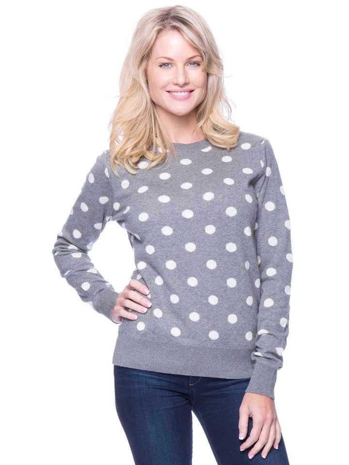 Premium Bomuld Sweater med Crew Neck - Polka Prikker Lyng Grå/Ivory for engroshandel hos Tocco Reale