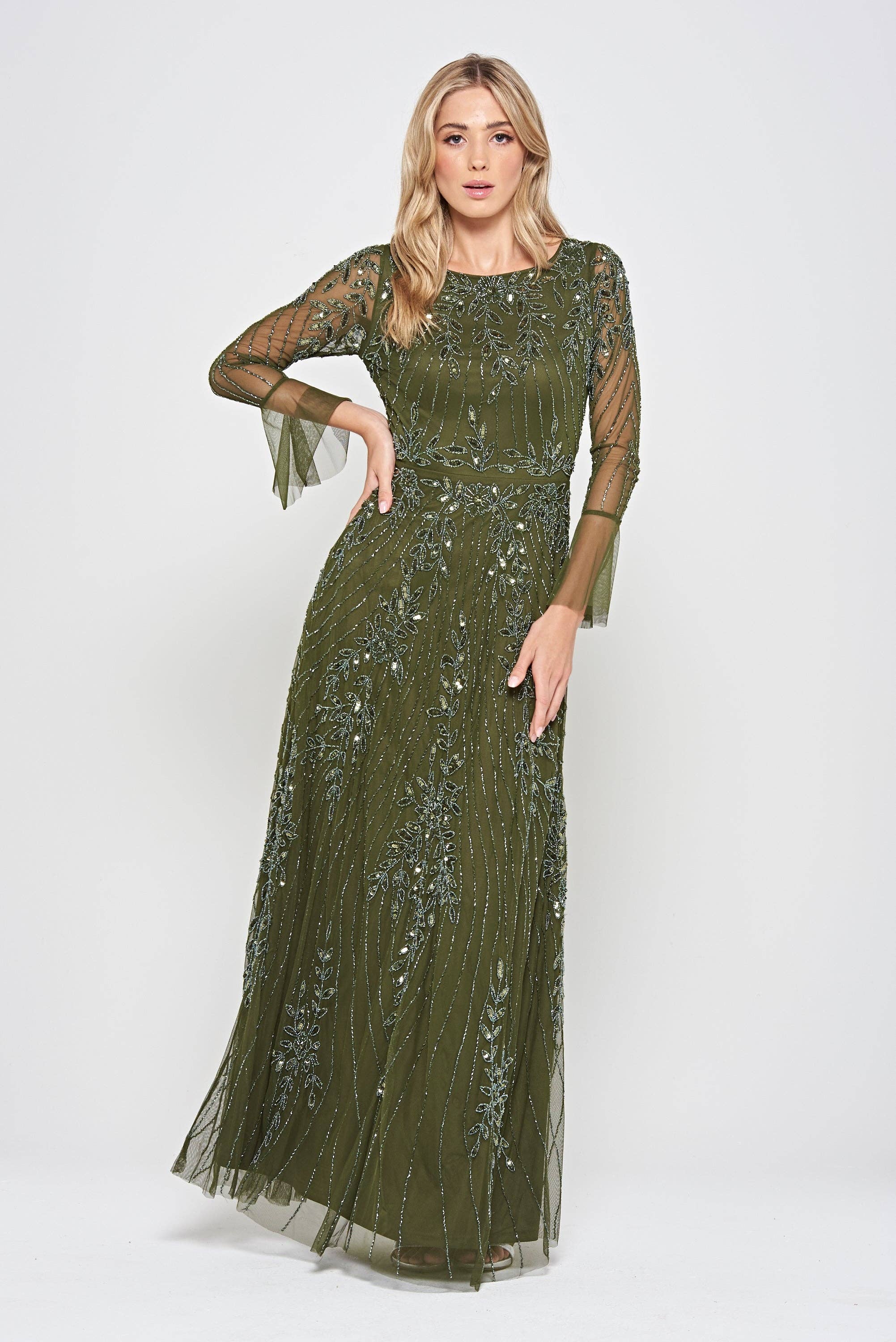 Jora Olive Embellished Maxi Dress for wholesale on Faire2