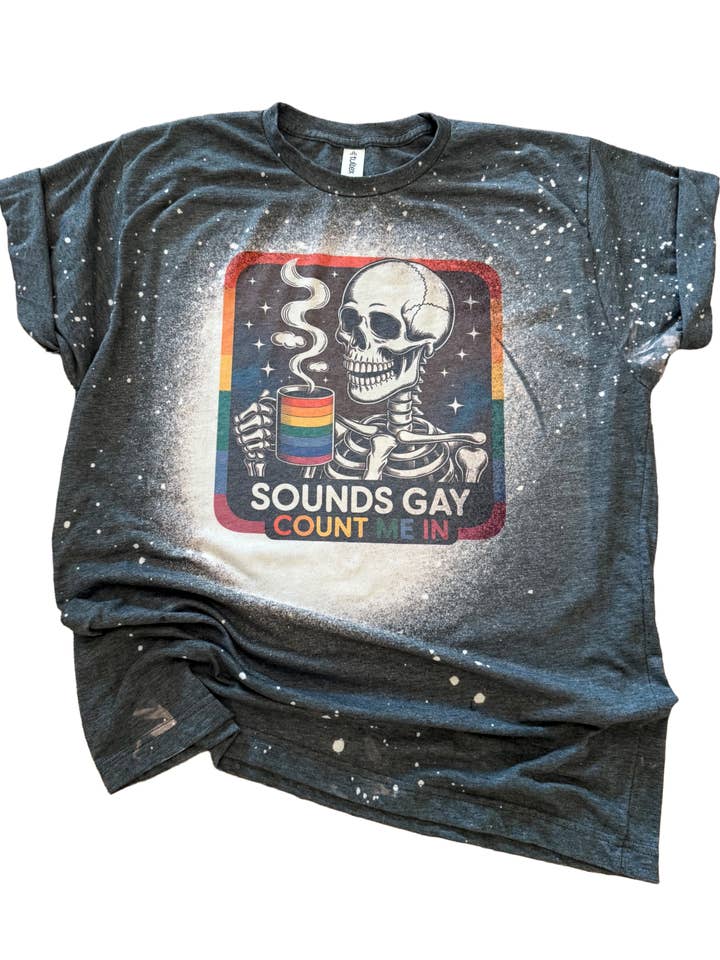 Sounds Gay, Count Me In Pride Bleached Tee for wholesale by Pick Your Poison Tees LLC (Formerly Wandering Owl Designs)