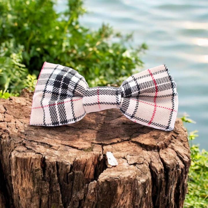 Classic Beige Barkberry Plaid Dog Bow Tie (UK handmade) for wholesale by Pet Pooch Boutique