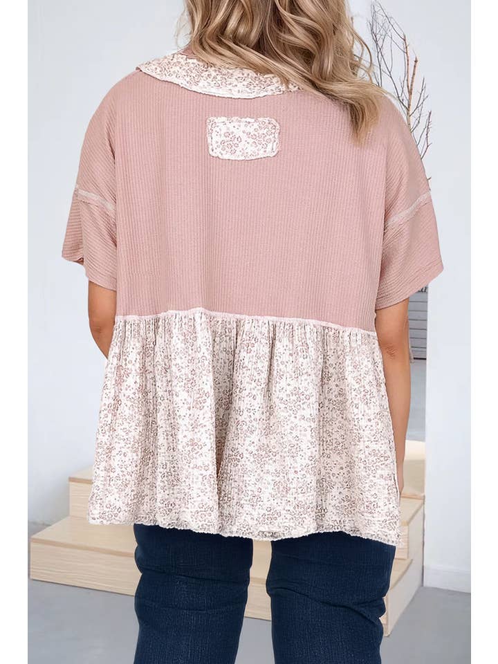 Pink Floral Patchwork Exposed Seam Detail Short Sleeve Top (S-XL) for wholesale on Faire