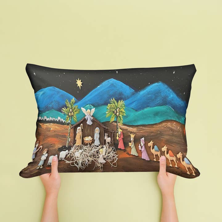Kristie Blue Mountain Nativity Pillow for wholesale by LuckyBird Apparel and Home