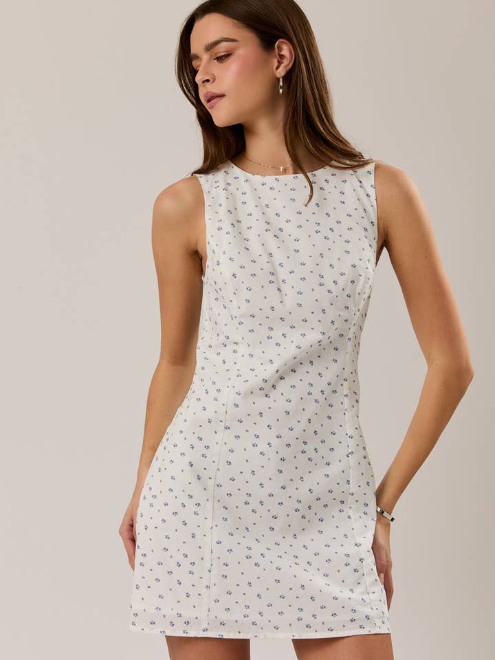 SLEEVELESS HIGH NECK DITSY PRINT MINI DRESS for wholesale by LE LIS