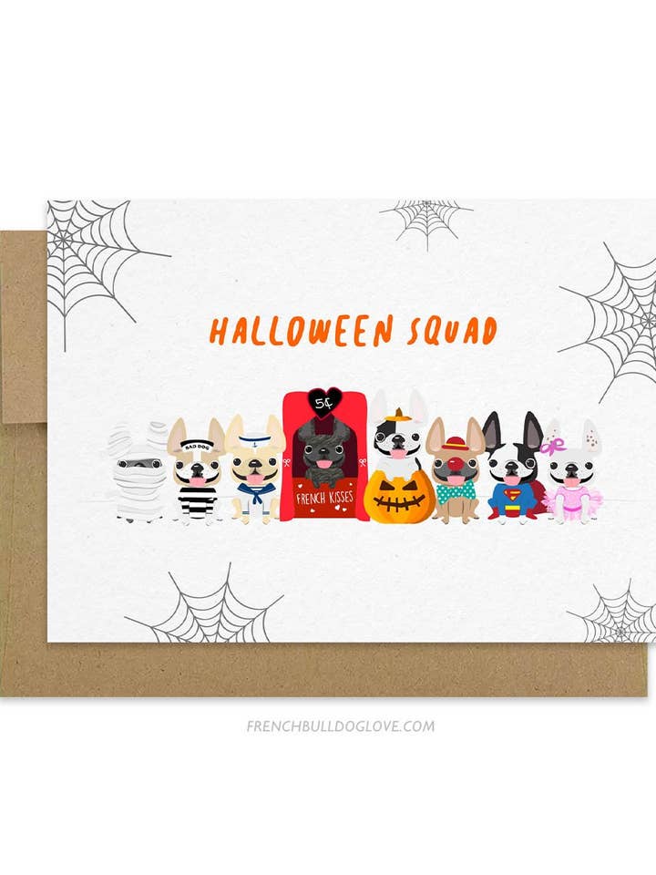 Halloween Squad Franse Bulldog wenskaart voor wholesale door French Bulldog Love