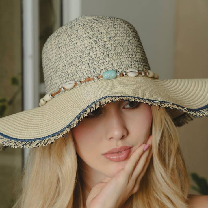 VIA FIORE Blue Wide Brim Straw Hat with Fringe and Pearls for wholesale by VIA FIORE