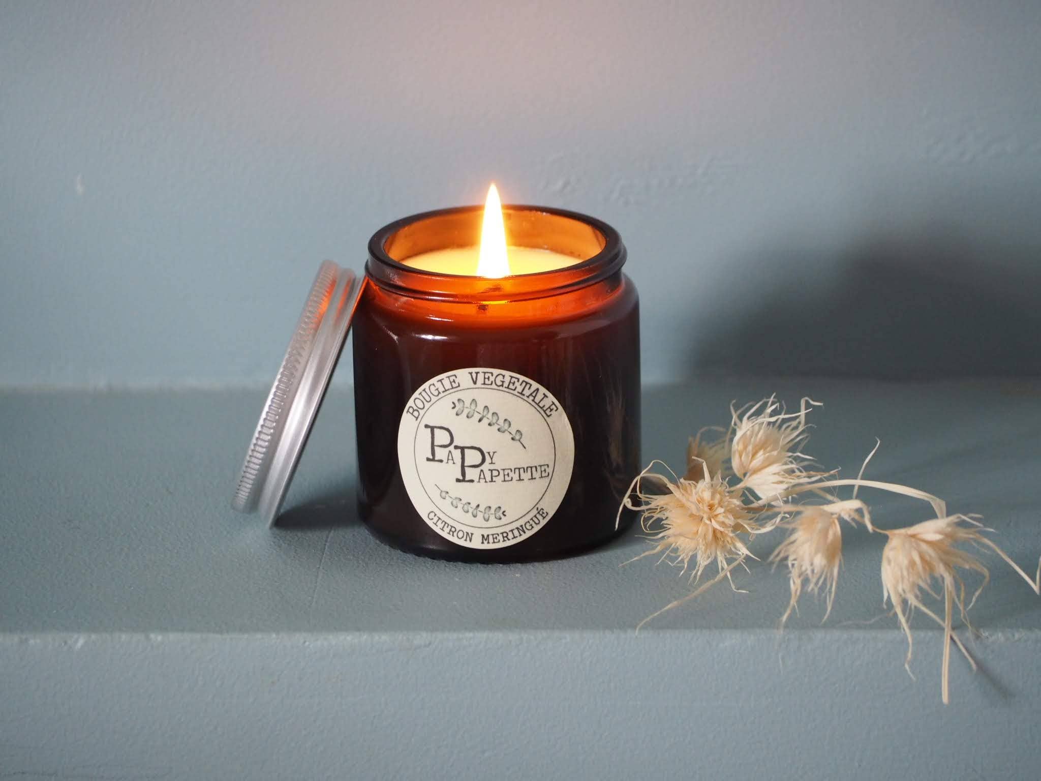 PAPY PAPETTE - Vente Bougie en bocal - BOUGIE VEGETALE - CITRON MERINGUE Couvercle noir1