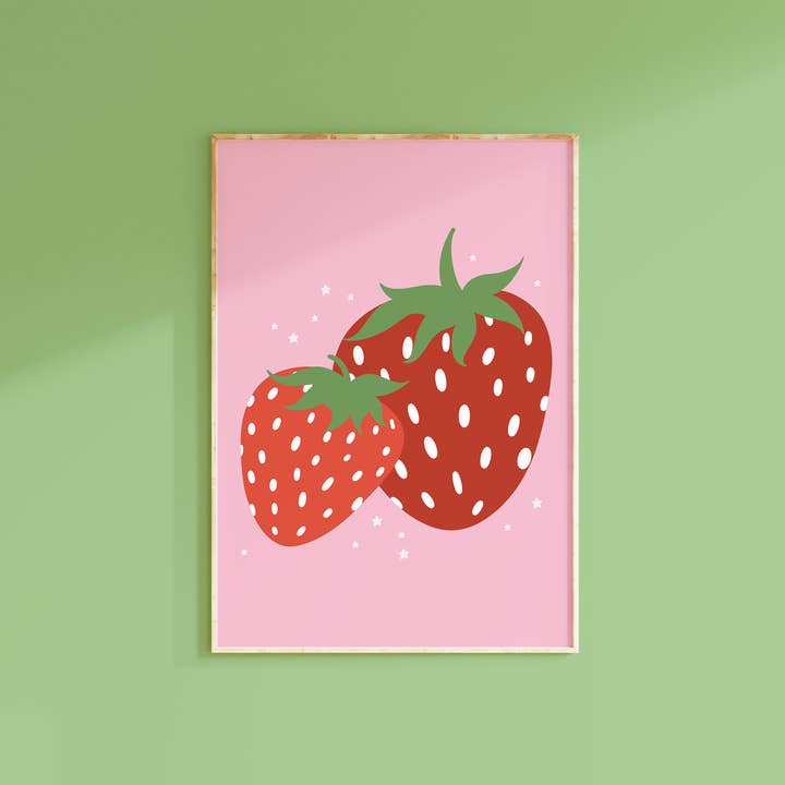 Strawberries Print | Pink Kitchen Decor | Colourful Wall Art for wholesale by The Happy Badger