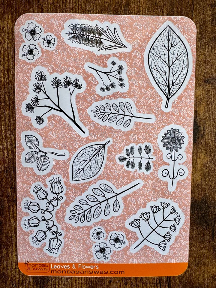 Black & White Flowers & Leaves Sticker Sheet for wholesale by Monday Anyway