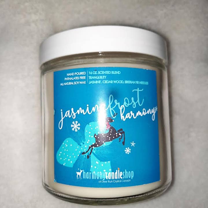 Jasmine Frost Harmony handmade Soy Candle 16 oz. for wholesale by Deer Run Heart and Home
