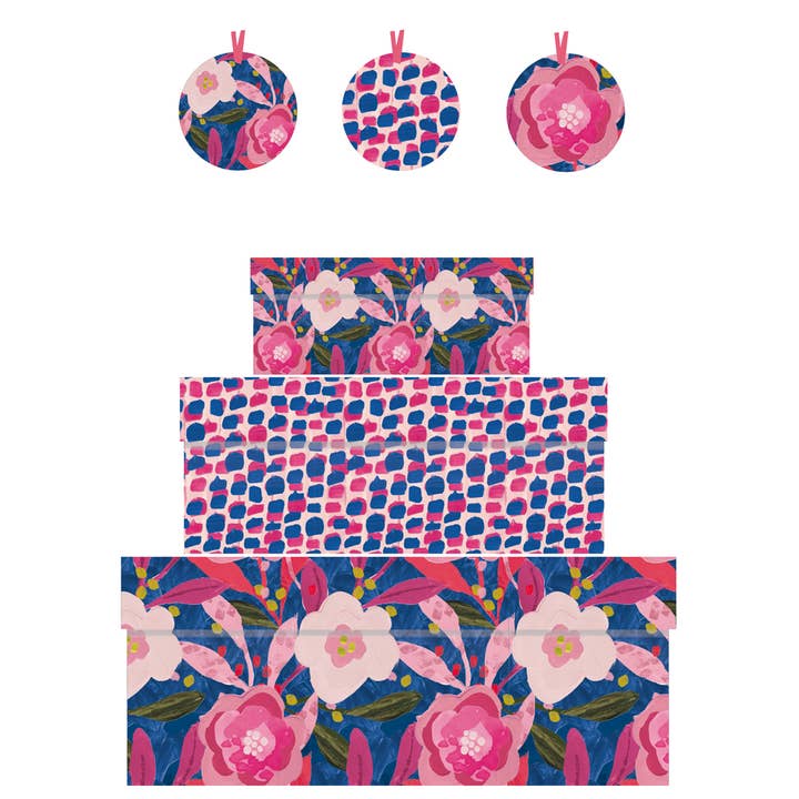 Cadeaudozen (3) Met Labels Blauwe Roze Bloemen Geschenken voor wholesale door Penny Kennedy Ltd