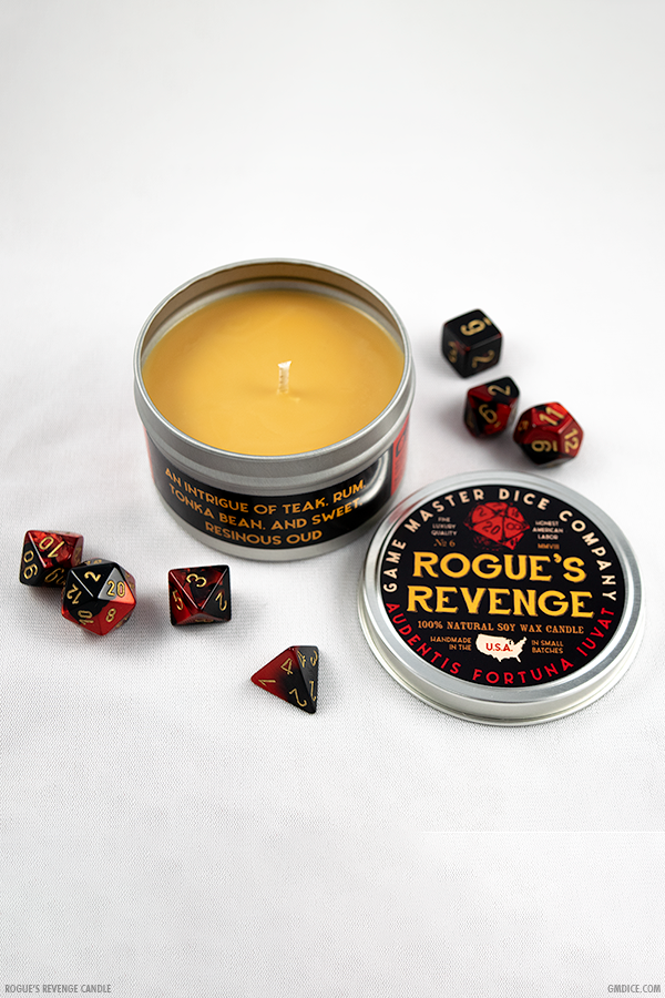 Game Master Dice – Velas de viagem por atacado – Vela Gamer Rogue's Revenge com fragrância amadeirada7