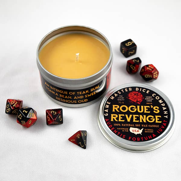 Game Master Dice – Velas de viagem por atacado – Vela Gamer Rogue's Revenge com fragrância amadeirada7