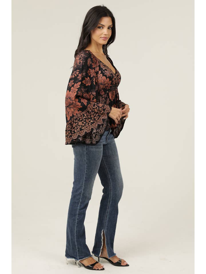 ANGIE - Wholesale Blouse - Women's - C2D69-WB08 V NECK FLARE BELL SLEEVE SMOCKED WAIST BLOUSE1