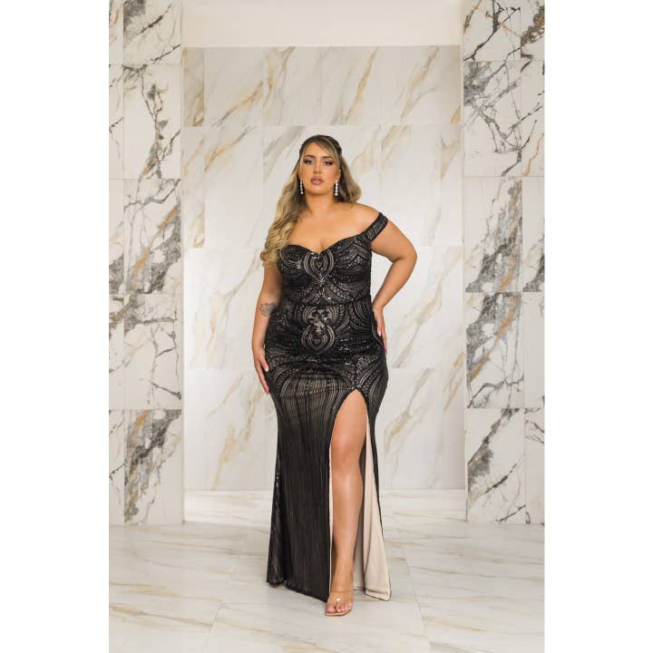 MAXI ABITO PLUS SIZE CON PAILLETTES E SPACCO LATERALE A CUORE per la vendita all'ingrosso da parte di Curve Market