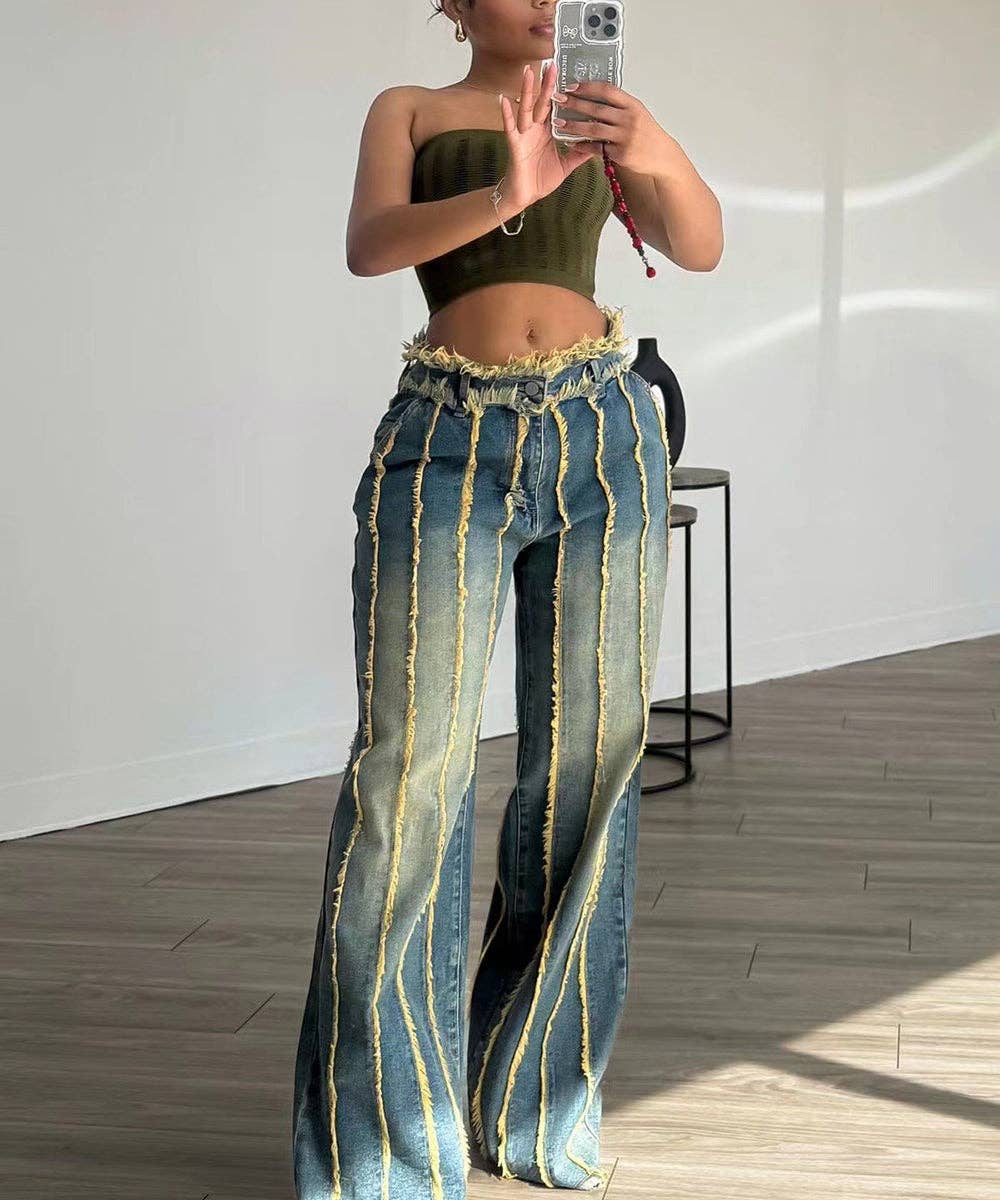 Blue Washed Destroyed Straight Leg Jeans for wholesale on Faire2