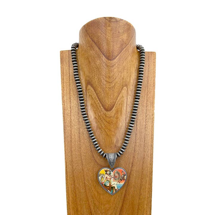 NKY241221-13 24'' Silver Navajo pearl beads with western design heart pendent Necklace for wholesale by Western Elite Jewelry