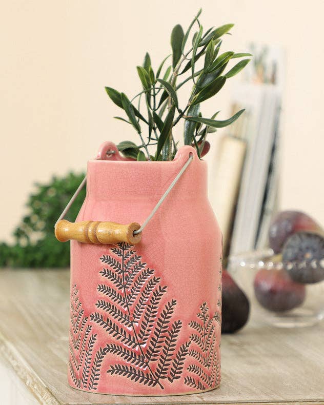Dibor – wholesale Vase – Fern Leaf Embossed Pink Milk Churn Flower Vase1