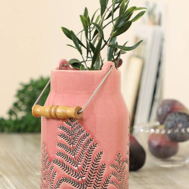 Dibor – wholesale Vase – Fern Leaf Embossed Pink Milk Churn Flower Vase1