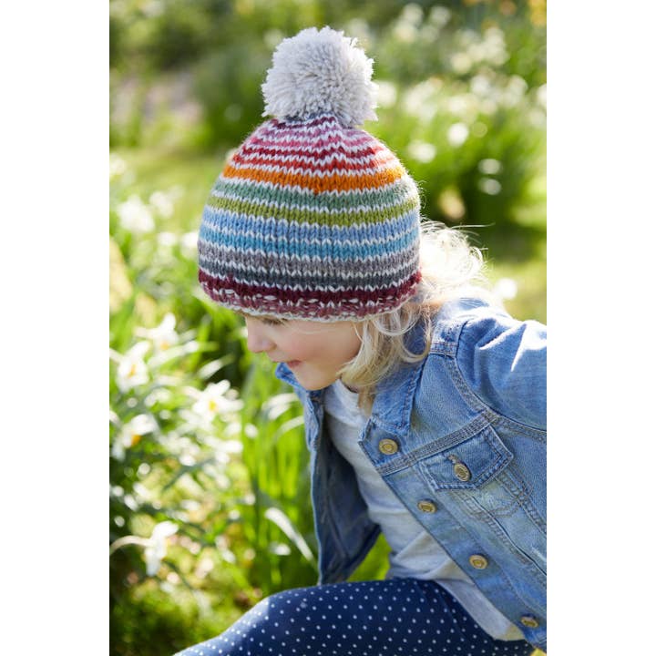 One Colour Kids Hoxton Colourful Stripe Knitted Wool Bobble Beanie Hat for wholesale on Faire3