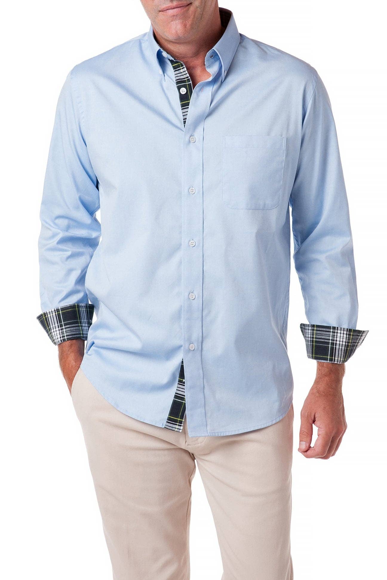 Chase Shirt Blue Oxford with Gordon Plaid Trim for wholesale on Faire0