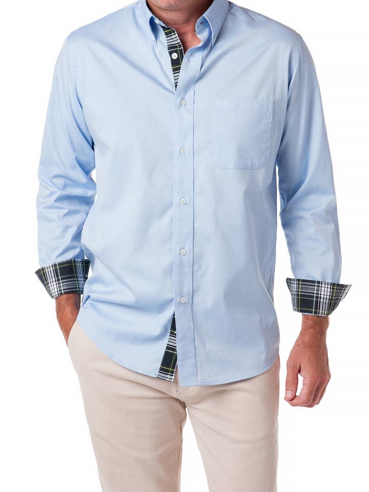 Chase Shirt Blue Oxford with Gordon Plaid Trim for wholesale on Faire