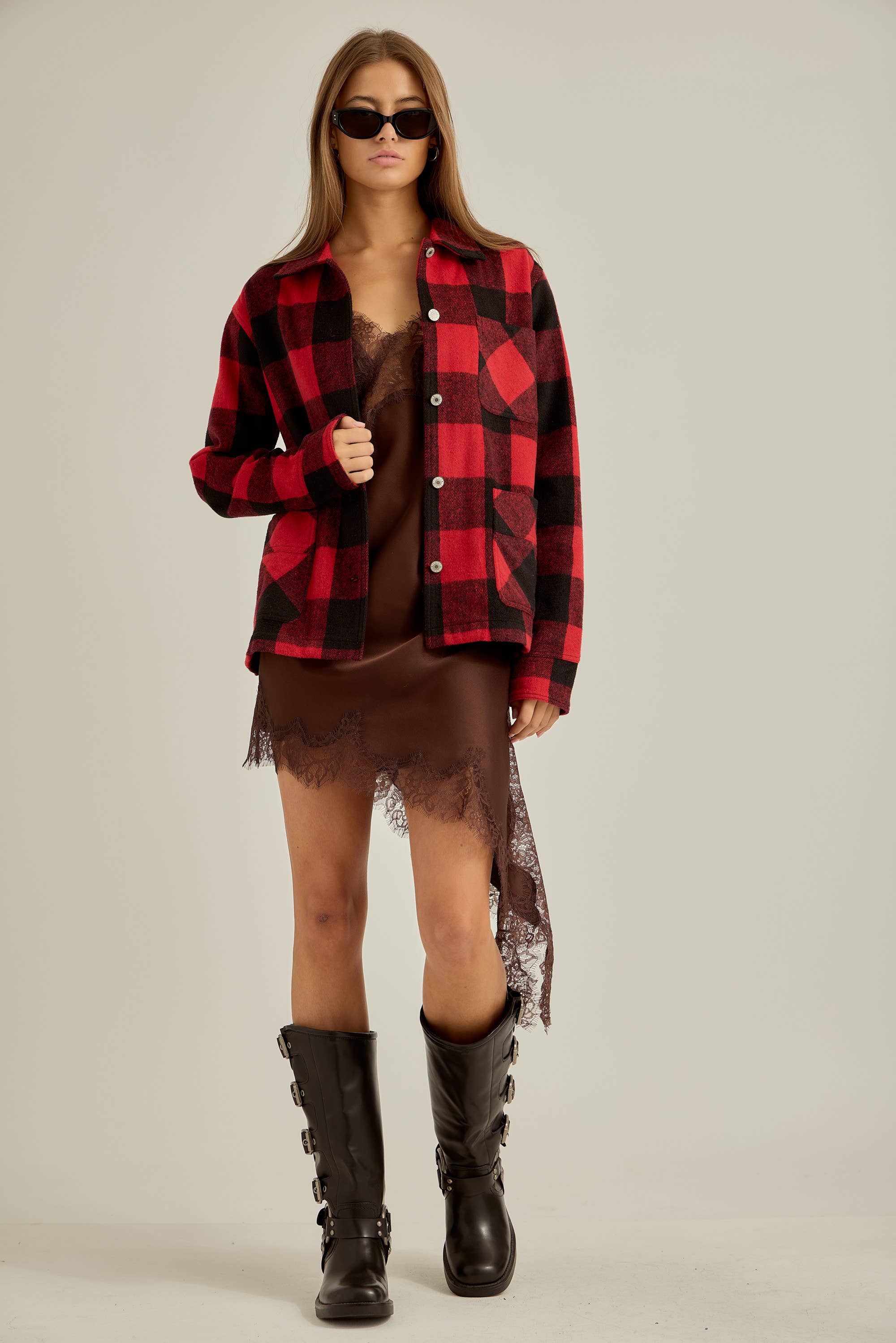 Red Black Winter flannel workwear jacket for wholesale on Faire1