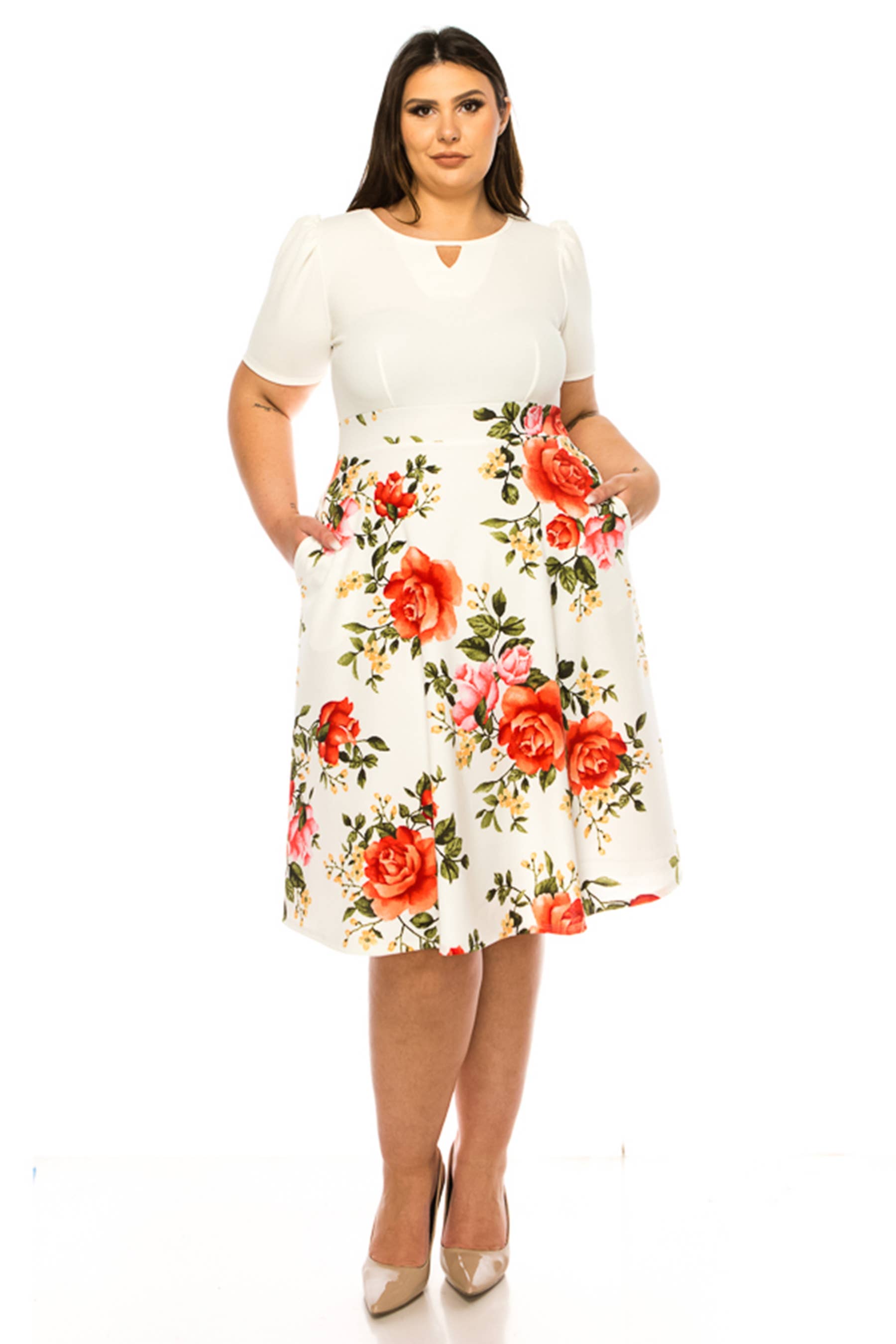 MOA COLLECTION - Wholesale Dress - Women's - Women's Plus Size Dress with Puff Sleeves and Keyhole Front12