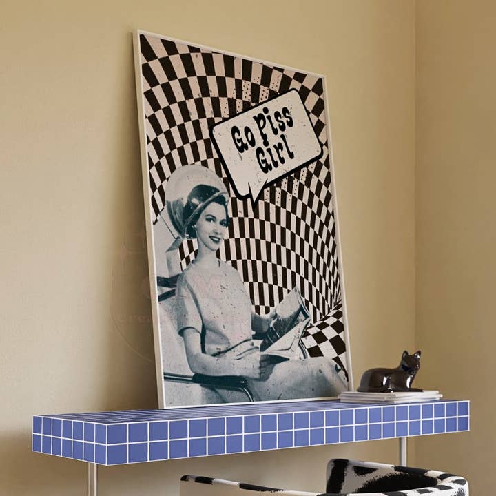 Go Piss Girl Vintage Hair Salon Girl Wall Art Prints for wholesale by CLM Creative Studio