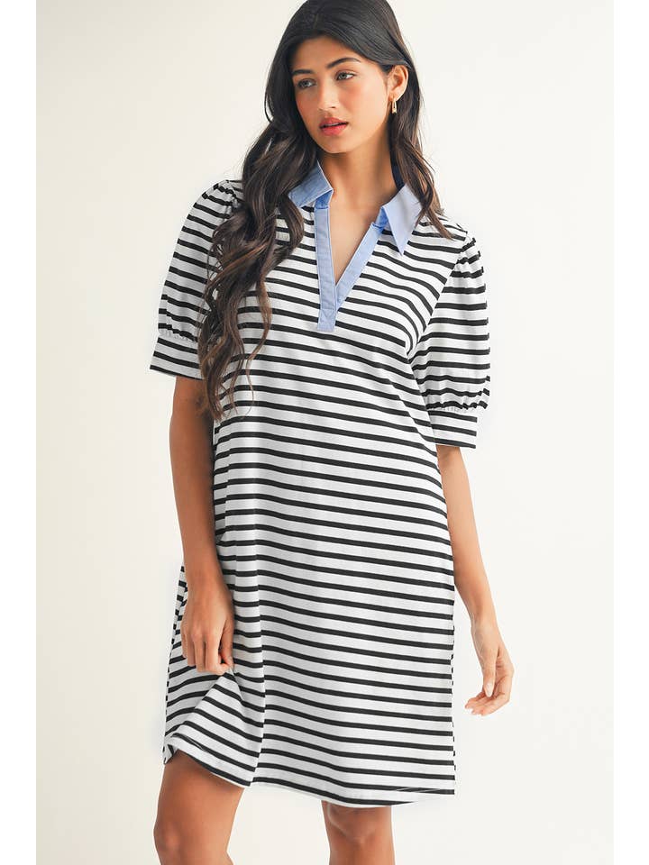 Black LDC Stripe Contrast V Neck Collared T Shirt Mini Dress for wholesale on Faire