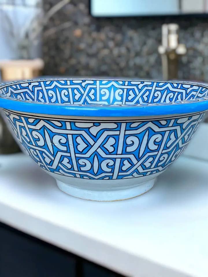 Blue Hand-Painted Bathroom & Kitchen Washbasin pour la vente par Moroccan Sink