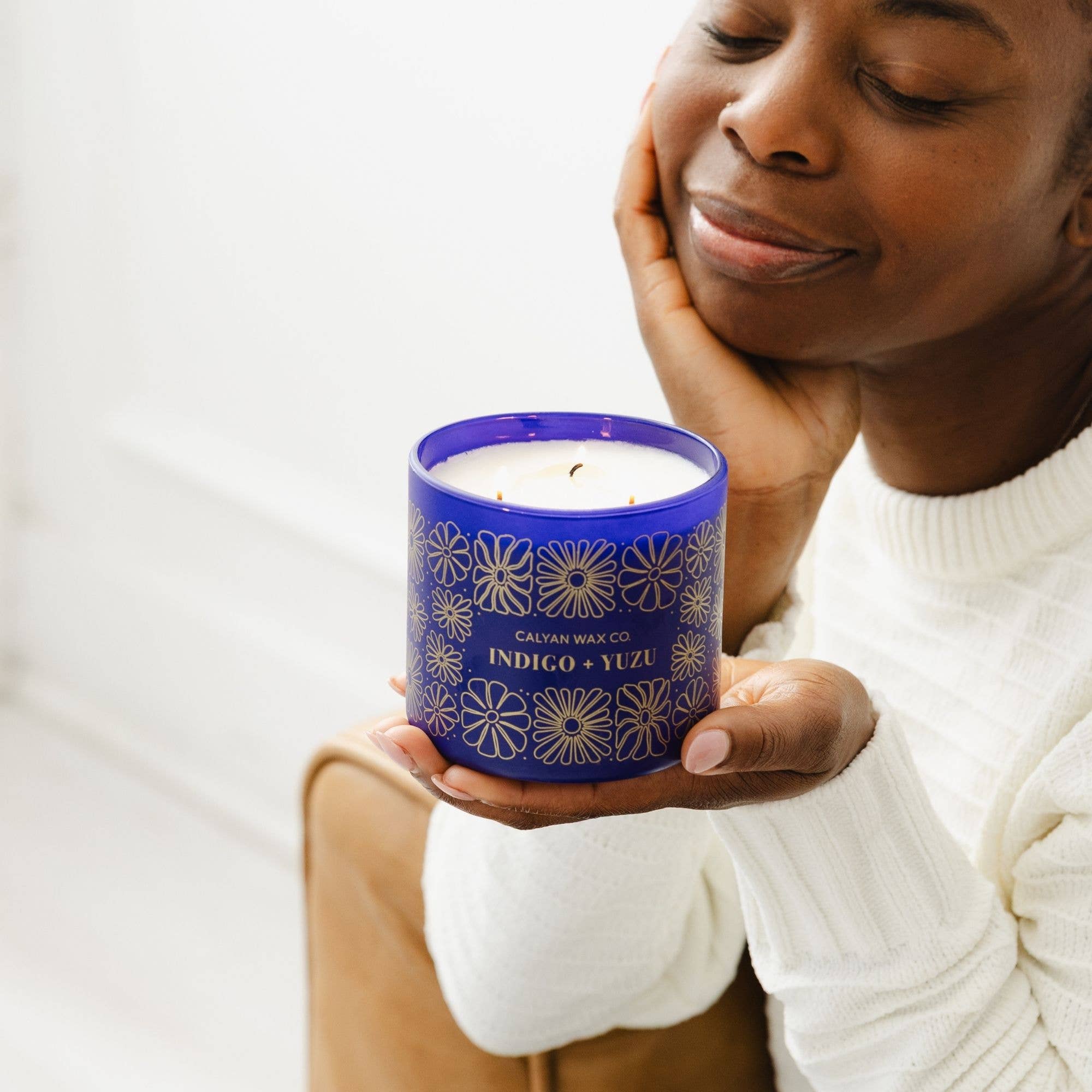 Calyan Wax Co. - Wholesale Jar/Filled Candle - Indigo + Yuzu - 3 Wick Clear Glass Tumbler Soy Candle3