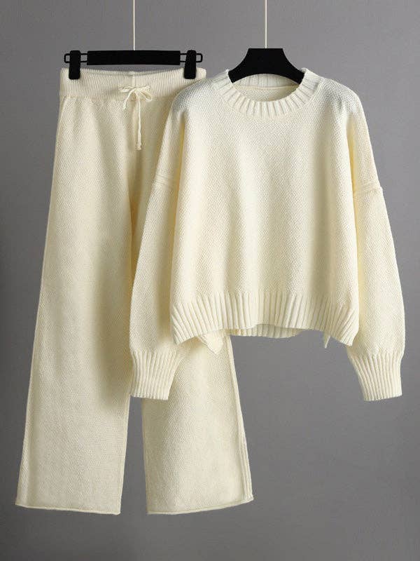 Plush Looks - Wholesale Top & Pant Set (NOT Loungewear) - Women's - Stylish Loose High-Low Long Sleeve Sweater + Wide Leg Pants2