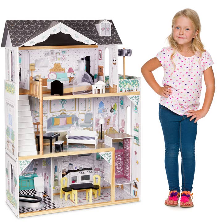 Jumbl - Wholesale Doll Accessory Kit - Kids - 3-Story Wooden Doll House Set W/Elevator, Balcony & Stairs6