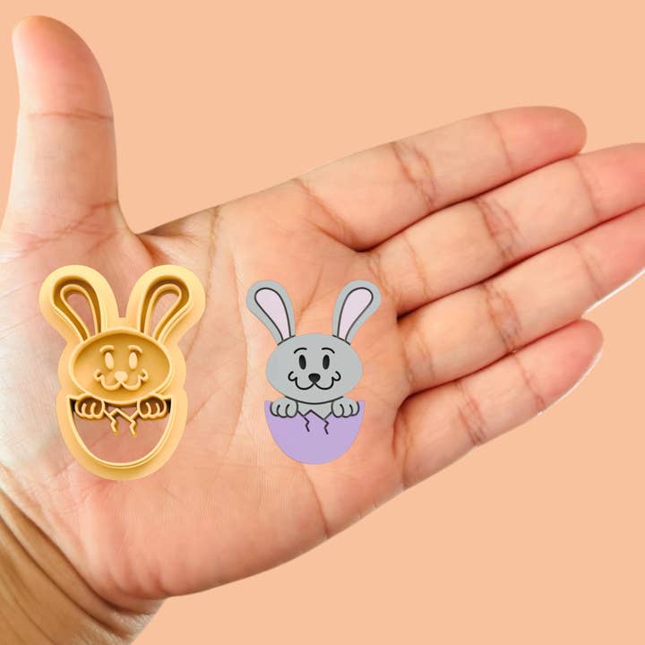 Easter Bunny from an egg Polymer clay cutter for wholesale by Roussell Prints and Demand LLC