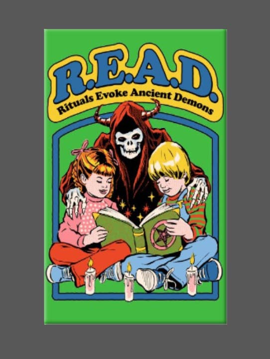 Retro, leer, imán, botón, vintage, culto, satanás, parodia para venta al por mayor de Ba Ba Buttons