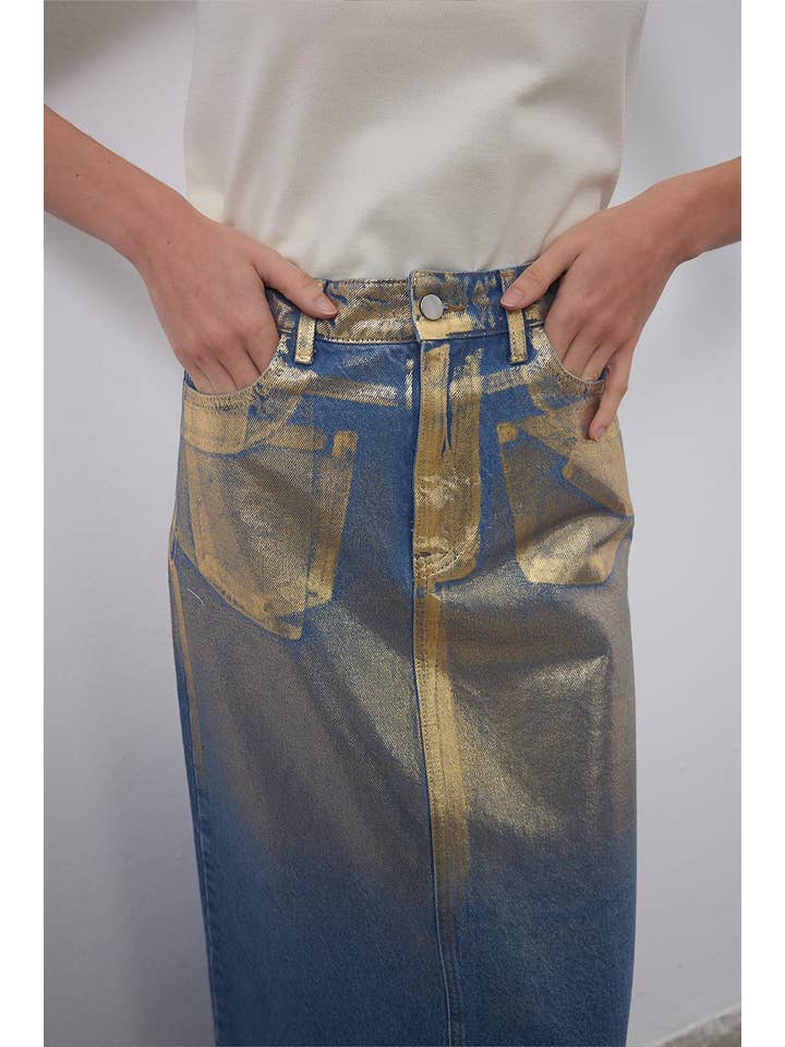 Kadriye Baştürk - Wholesale Skirt - Women's - Bright Printed Denim Pencil Skirt Gold