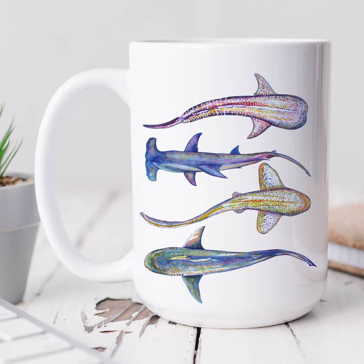 4 Sharks Watercolor Artwork 15 oz Ceramic Mug for wholesale by The Ship's Hold