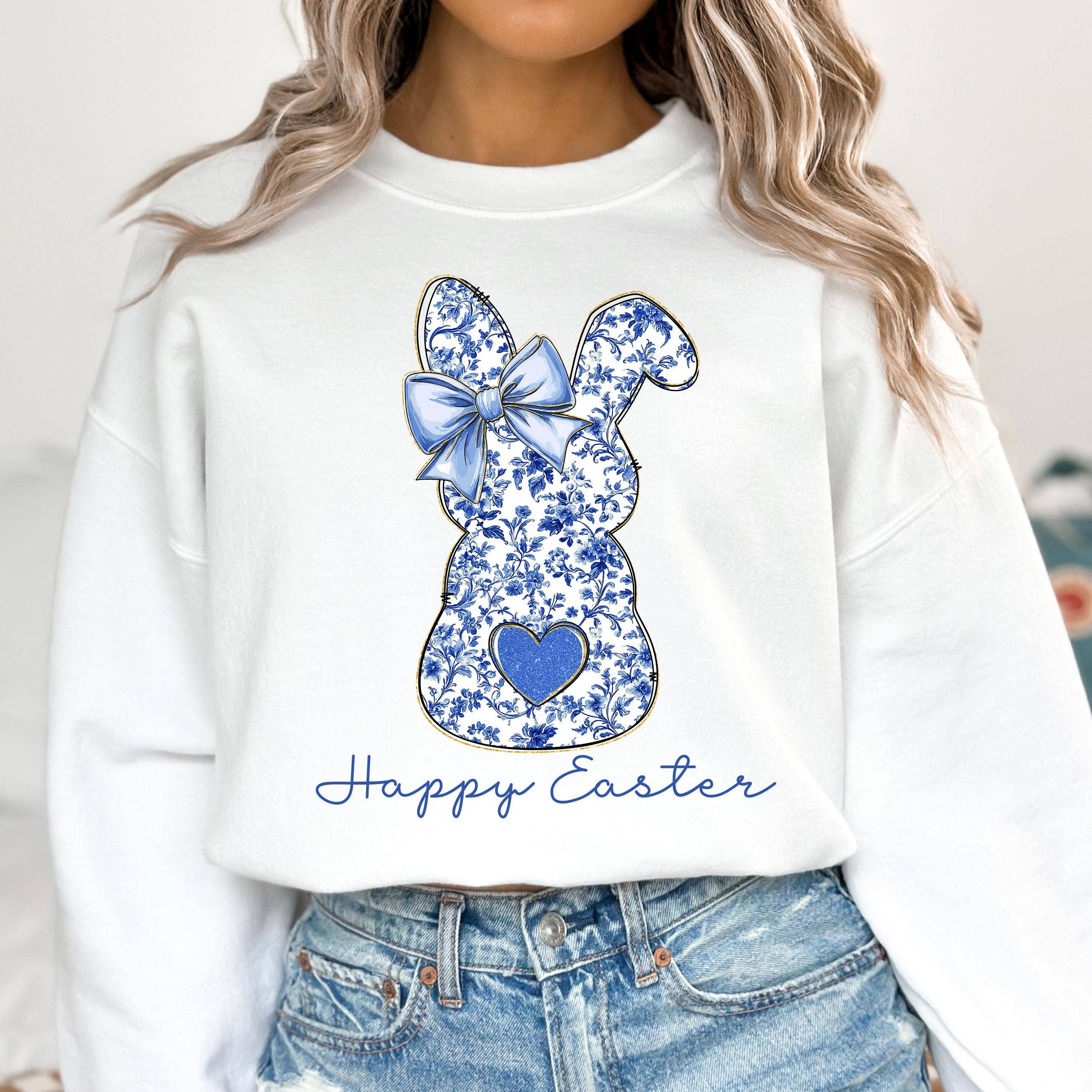 NVC Ecommerce LLC – wholesale T-shirt (graphic) – women's – Happy Easter Sweatshirt, Blue Floral Chinoiserie Bunny Shirt2