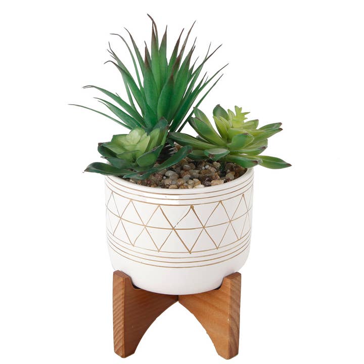 FAUX SUCCULENTS IN GOLD HANDPIANT 5" CERAMIC FOOTED STAND for wholesale by Flora Bunda Inc