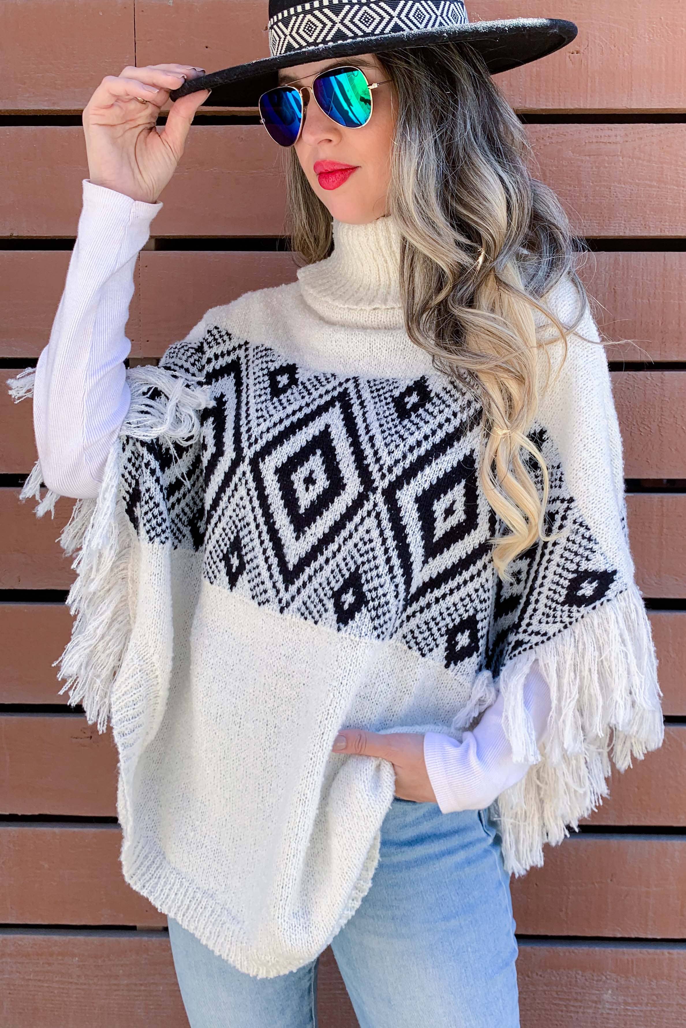 AMOLI - Wholesale Knit Sweater - Women's - Aztec Printed Turtleneck Fringe Light Weight Soft Poncho0
