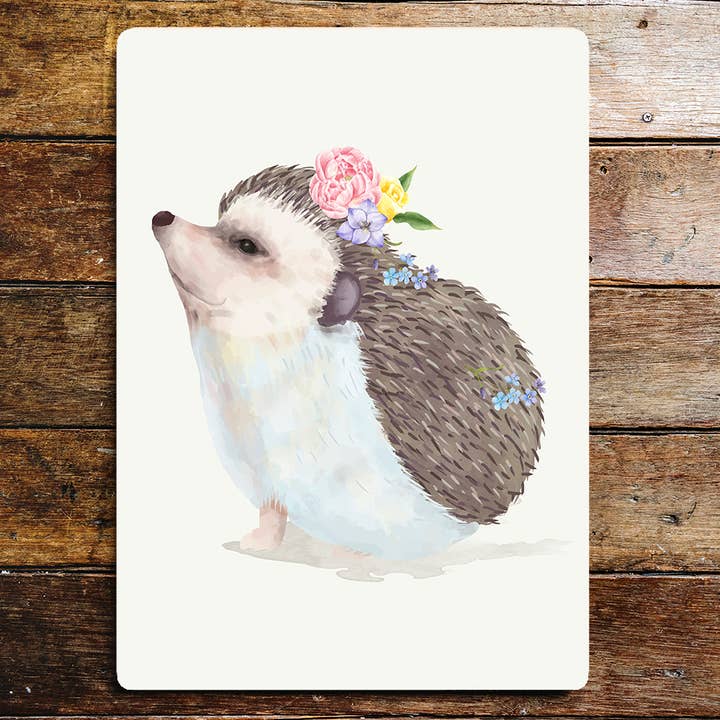 Metallschild mit Igel-Blumen und hübschem Tiermotiv für den Großhandel von The British Metal Signs Company