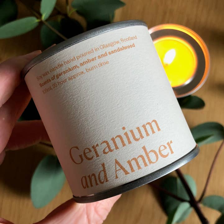 Geranium and Amber Soy Wax Candle Tin for wholesale by Lovat Press